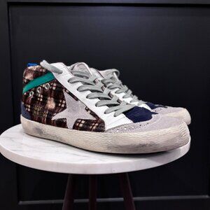 Golden Goose Mid Star Brown Faux Fur Plaid with Navy, Green, and Grey Trim 38